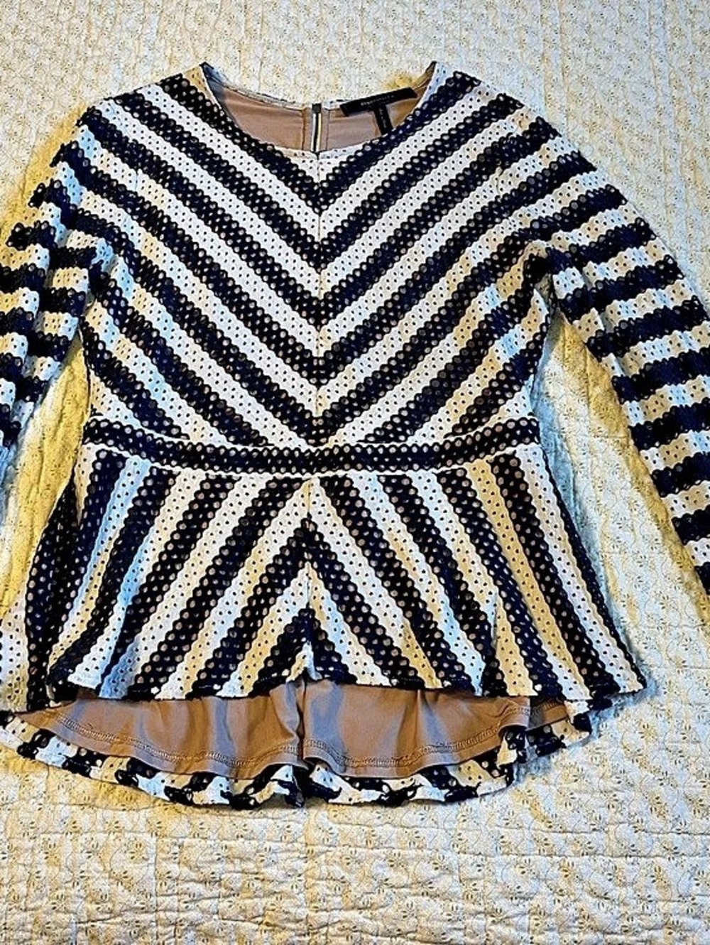 BCBGMAXAZRIA Franseen Stripe Peplum Top Striped Peplum Blouse in Blue & White La